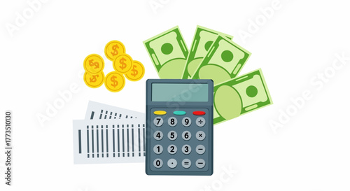 Flat lay illustration of a calculator with money, coins, and receipts on a white background