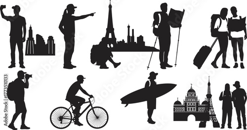 Travel silhouettes with landmarks, tourists exploring, photography, cycling, hiking, black vector illustration, urban sightseeing, outdoor lifestyle, international adventure, white background