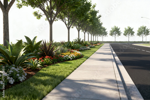 3D render of a road greening asset on a white background, featuring uniform street trees, diverse colorful shrubs in the median, a sidewalk, and an asphalt road.