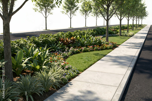 3D render of a road greening asset on a white background, featuring uniform street trees, diverse colorful shrubs in the median, a sidewalk, and an asphalt road.
