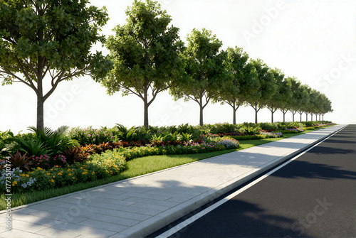 3D render of a road greening asset on a white background, featuring uniform street trees, diverse colorful shrubs in the median, a sidewalk, and an asphalt road.