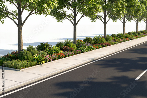 3D render of a road greening asset on a white background, featuring uniform street trees, diverse colorful shrubs in the median, a sidewalk, and an asphalt road.