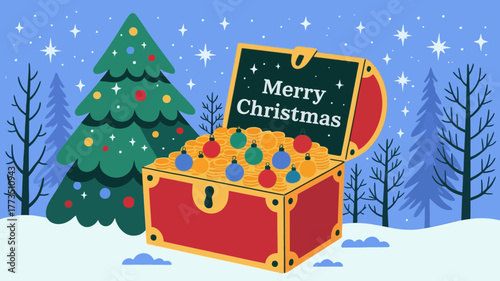 Festive open treasure chest overflowing with colorful christmas ornaments in a snowy winter forest setting with a decorated tree