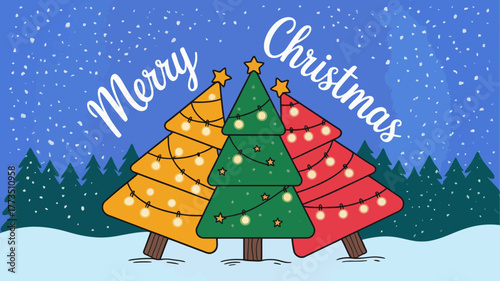 Three brightly colored christmas trees adorned with festive lights stand in a snowy winter forest under a starry night sky