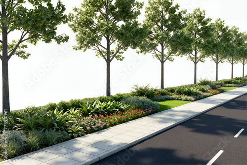 3D render of a road greening asset on a white background, featuring uniform street trees, diverse colorful shrubs in the median, a sidewalk, and an asphalt road.