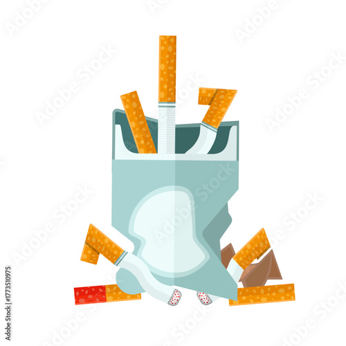 Empty cigarette pack with broken cigarettes and butts. Concept of the harm of smoking to health and quitting smoking. Flat vector illustration.