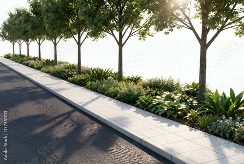 3D render of a road greening asset on a white background, featuring uniform street trees, diverse colorful shrubs in the median, a sidewalk, and an asphalt road.
