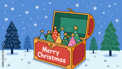 Festive christmas treasure chest overflowing with colorful decorated trees and gifts in a snowy winter forest setting with stars
