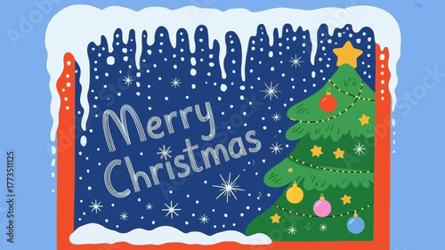 Festive merry christmas greeting with a decorated evergreen tree and falling snow seen through a frosty window pane