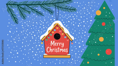 Charming red birdhouse ornament with merry christmas message hanging from a pine branch with a decorated tree in the background during snowfall