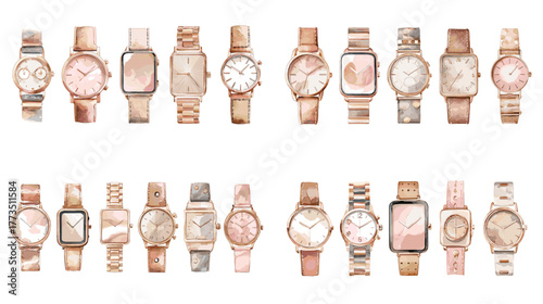 Watercolor illustration of elegant wristwatch collection in rose gold and neutral tones. Ideal for fashion, accessories, time, and lifestyle themed designs.