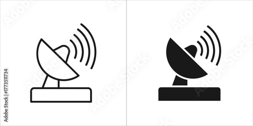 Outline and solid black icons of a satellite dish antenna transmitting signal