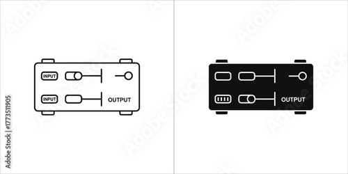 Audio mixer input and output icon in outline and solid black on