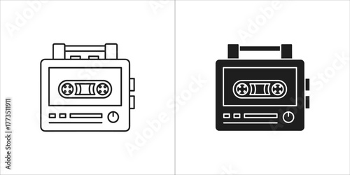 Portable cassette player icon in outline and solid black on
