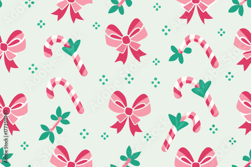 Seamless pattern of pink bows and candy canes with green accents