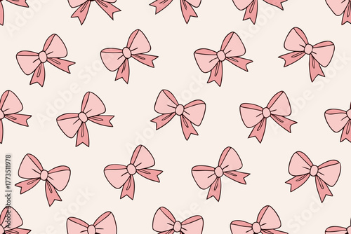 Seamless Pattern of Pink Bows on Light Beige Background