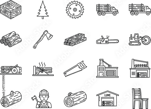 Wood industry icon set, lumber, forestry, logging tools, sawmill line icons, timber trucks, carpentry, woodworker tools, manufacturing symbols