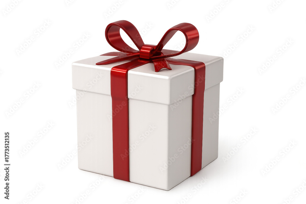 Fototapeta premium White gift producing a festive mood, creating surprise for christmas, birthday or anniversary with red ribbon