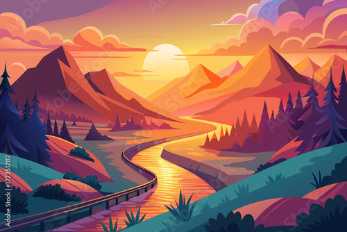 Serene Mountain Valley with River and Road at Sunset