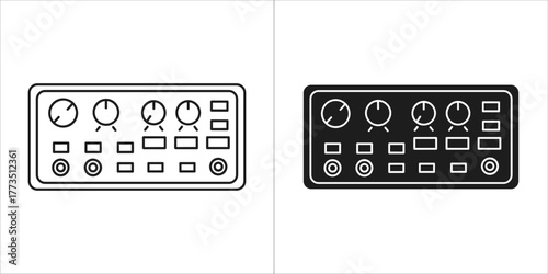 Two icons of a radio transceiver device, one in outline and one in solid black, on a