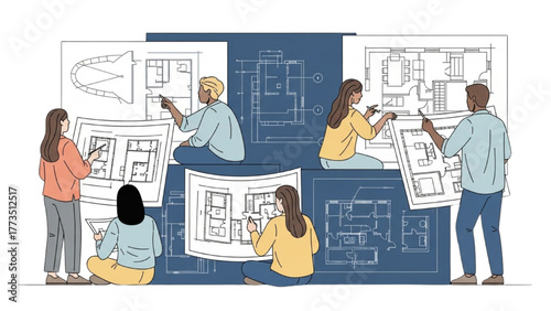 Diverse team of architects collaborating on building blueprints and project plans