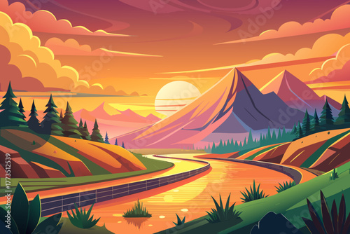 Winding River and Road Amidst Mountain Peaks at Sunset Keywords: landscape, river, road, highway, mountain, valley, sunset, sunrise, nature