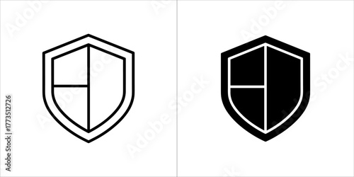 Set of two shield icons, one outlined and one solid black