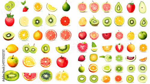 Vibrant watercolor illustration set of assorted fruits including kiwi, apple, orange, grapefruit, and lemon slices. Perfect for food, summer, and healthy lifestyle themes.