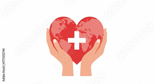 A pair of hands holding a red heart with a white cross and a globe inside on a white background