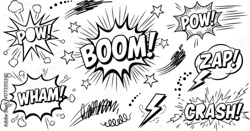 Comic Book Style Sound Effects Collection for Creative Projects, Isolated on Transparent Background. 