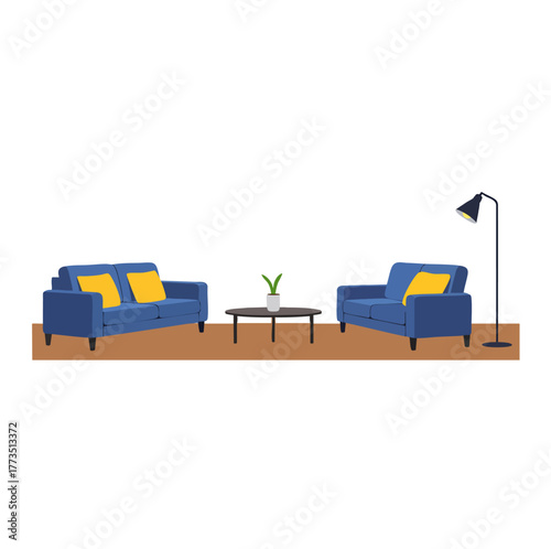 Modern blue living room interior with sofa and floor lamp