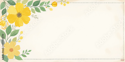 A beautiful floral frame background with yellow flowers and green leaves. This nature vector illustration is an elegant border for a spring, wedding, or save the date invitation card.