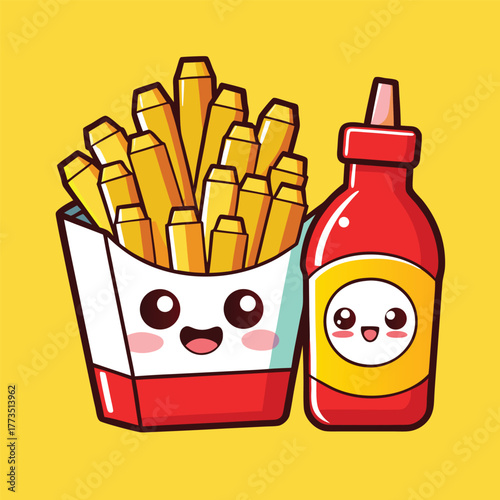 Cute kawaii french fries and ketchup bottle illustration