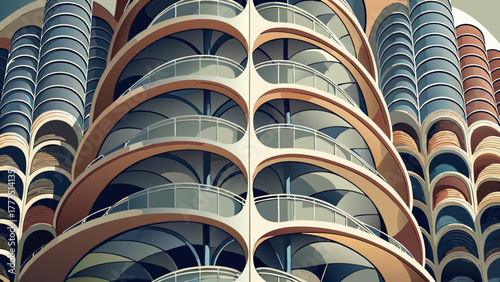 Very beautiful close-up architectural view of Chicago’s Marina City balconies, showcasing radial concrete shapes and brutalist floral design forms in beige and gray tones, emphasizing geometric elegan