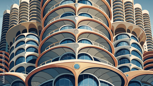 Very beautiful close-up architectural view of Chicago’s Marina City balconies, showcasing radial concrete shapes and brutalist floral design forms in beige and gray tones, emphasizing geometric elegan