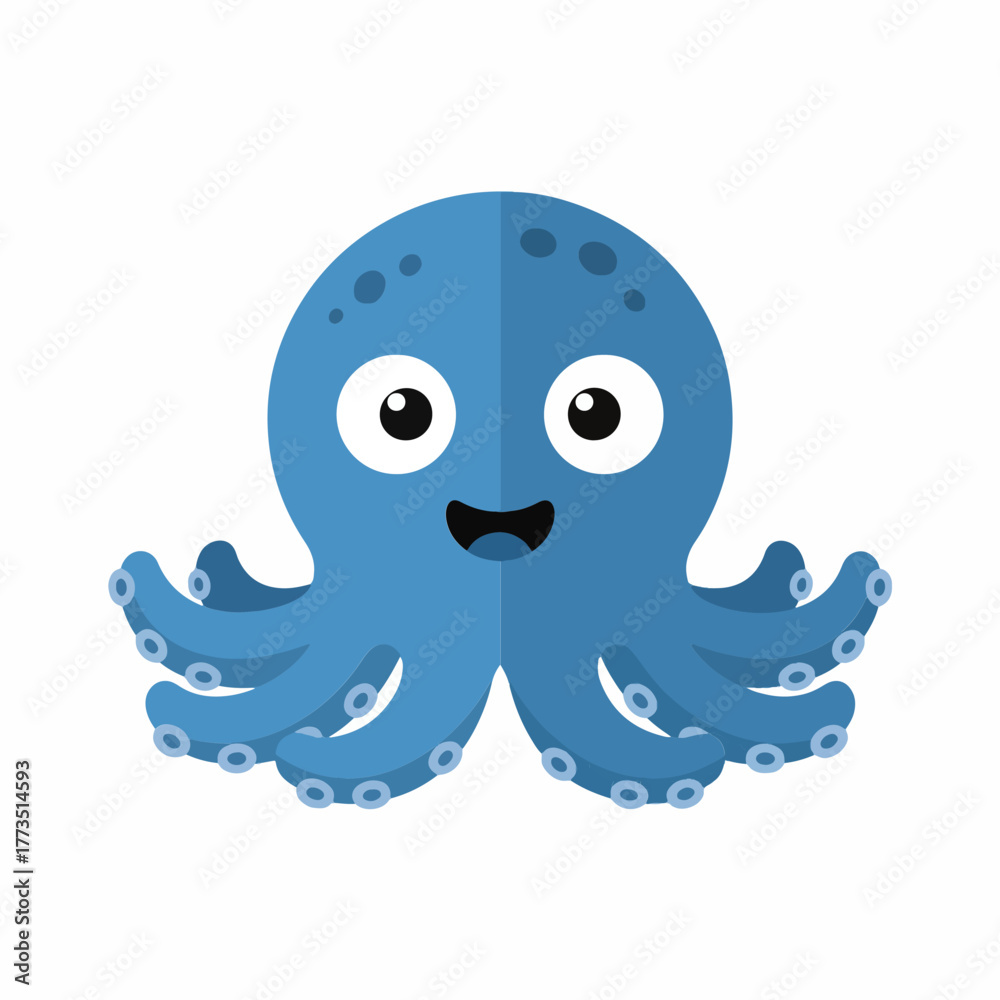 Fototapeta premium Cartoon octopus illustration, a cute blue sea animal with a happy smile, showcasing eight tentacles and a playful design isolated on a clean white background.