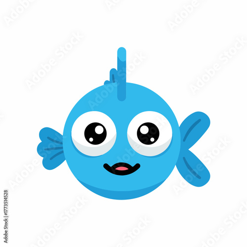 Cartoon blue fish with large eyes and a simple design, isolated on a white background, vector illustration for children and educational content.