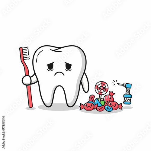 Sad tooth cartoon character holding a toothbrush, standing near a pile of sad candy with a dental drill behind them, on white.