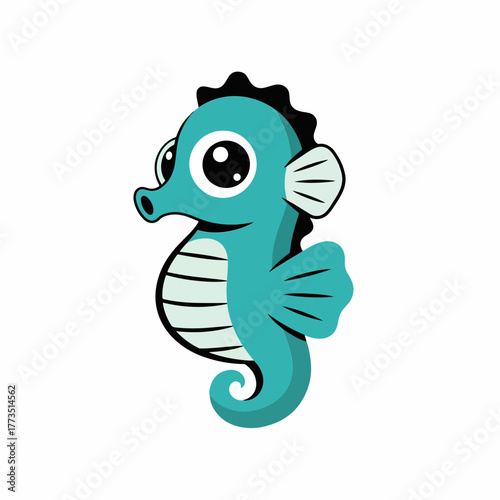 Cute teal seahorse with black outline and white belly, vector illustration on a white background for children's book or marine life educational resource.