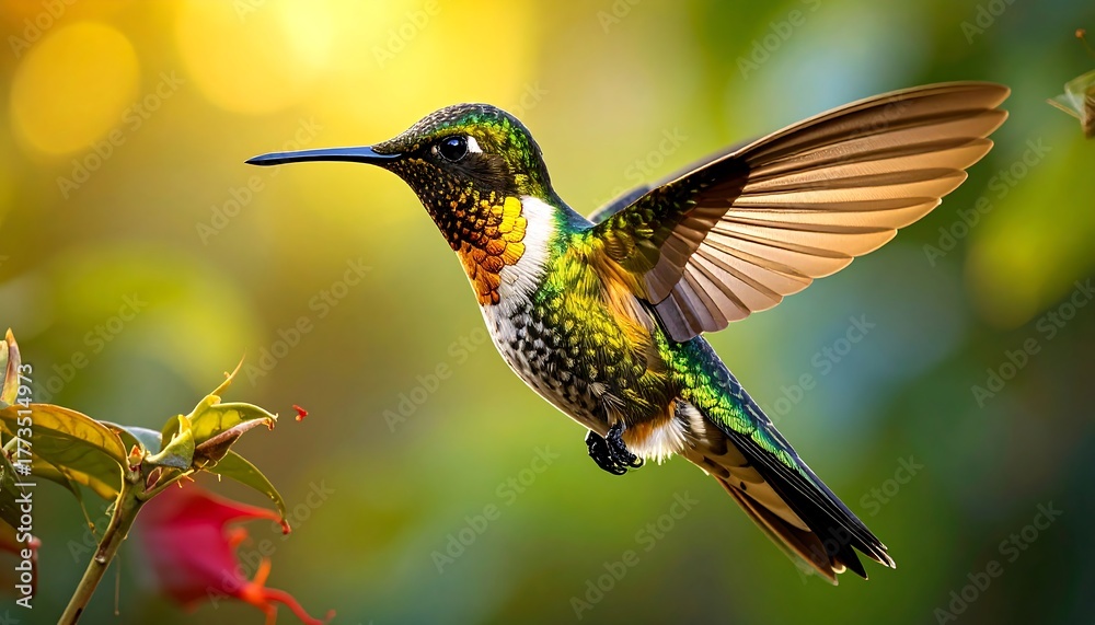 Fototapeta premium Vibrant hummingbird in flight, near red flower