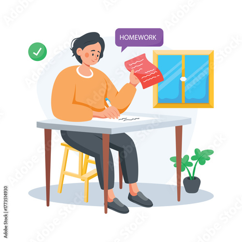 Flat illustration of a student completing homework at study desk