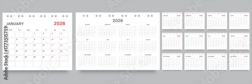 Calendar 2026 year icon in flat style. Planner vector illustration on isolated background. Calender sign business concept.