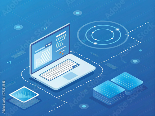 An isometric technology background with a laptop, data servers, and network connections. This blue vector concept illustrates big data analysis, cloud computing, or digital transfer.