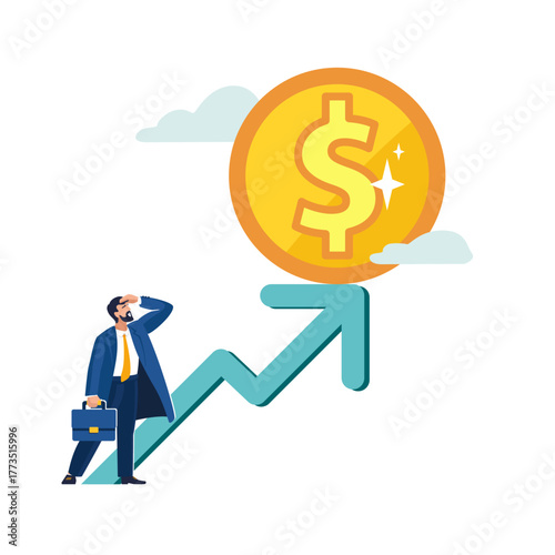 Business. Businessman financial expert analyzes growth of financial market. Green arrow up on it gold dollar coin, money growth. Concept of investment, people. Profit growth banner Vector illustration