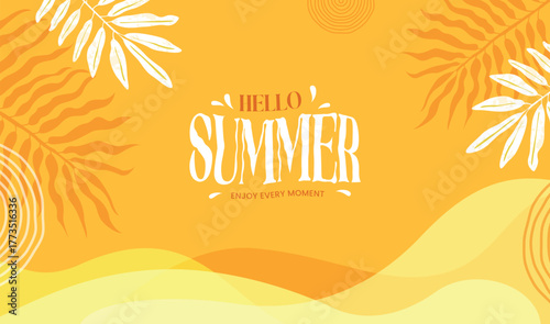 Hello Summer background with tropical leaves on yellow backdrop. Bright and minimal seasonal design perfect for vacation posters, travel ads, and summer-themed promotions.