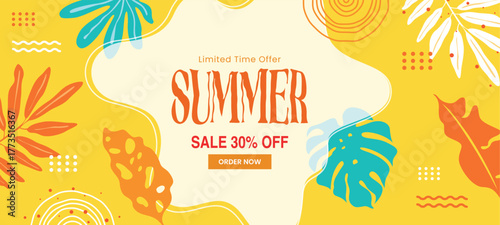 Summer Sale banner with tropical leaves and bright yellow background. Modern seasonal promotion design perfect for marketing, social media ads, and online shop campaigns.