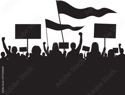 Protest crowd silhouettes holding signs and waving flags demonstrating for human rights day