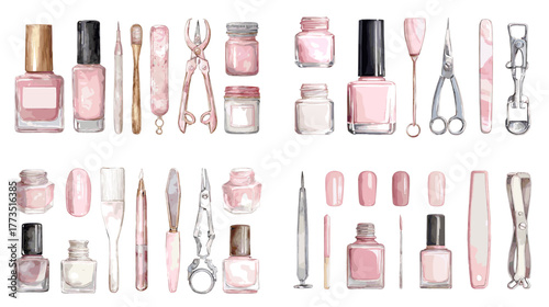 Watercolor illustration of nail polish bottles, manicure tools, and nail samples. Elegant beauty and self-care concept with soft pink tones for cosmetic design.