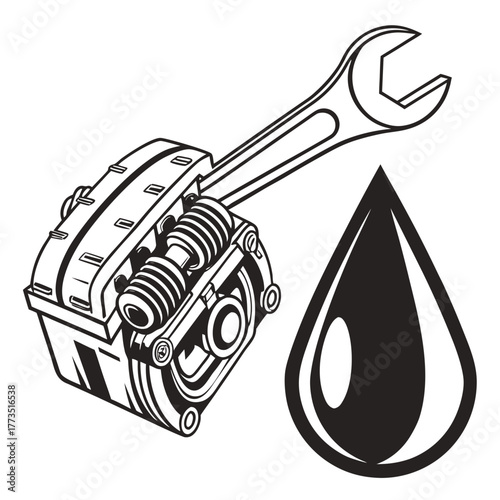 Hydraulic pump repair with wrench and oil drop