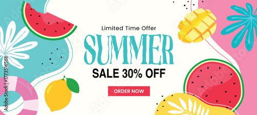 Summer Sale banner with tropical fruits and leaves. Modern summer promotion design featuring watermelon, mango, lemon, and colorful beach elements.